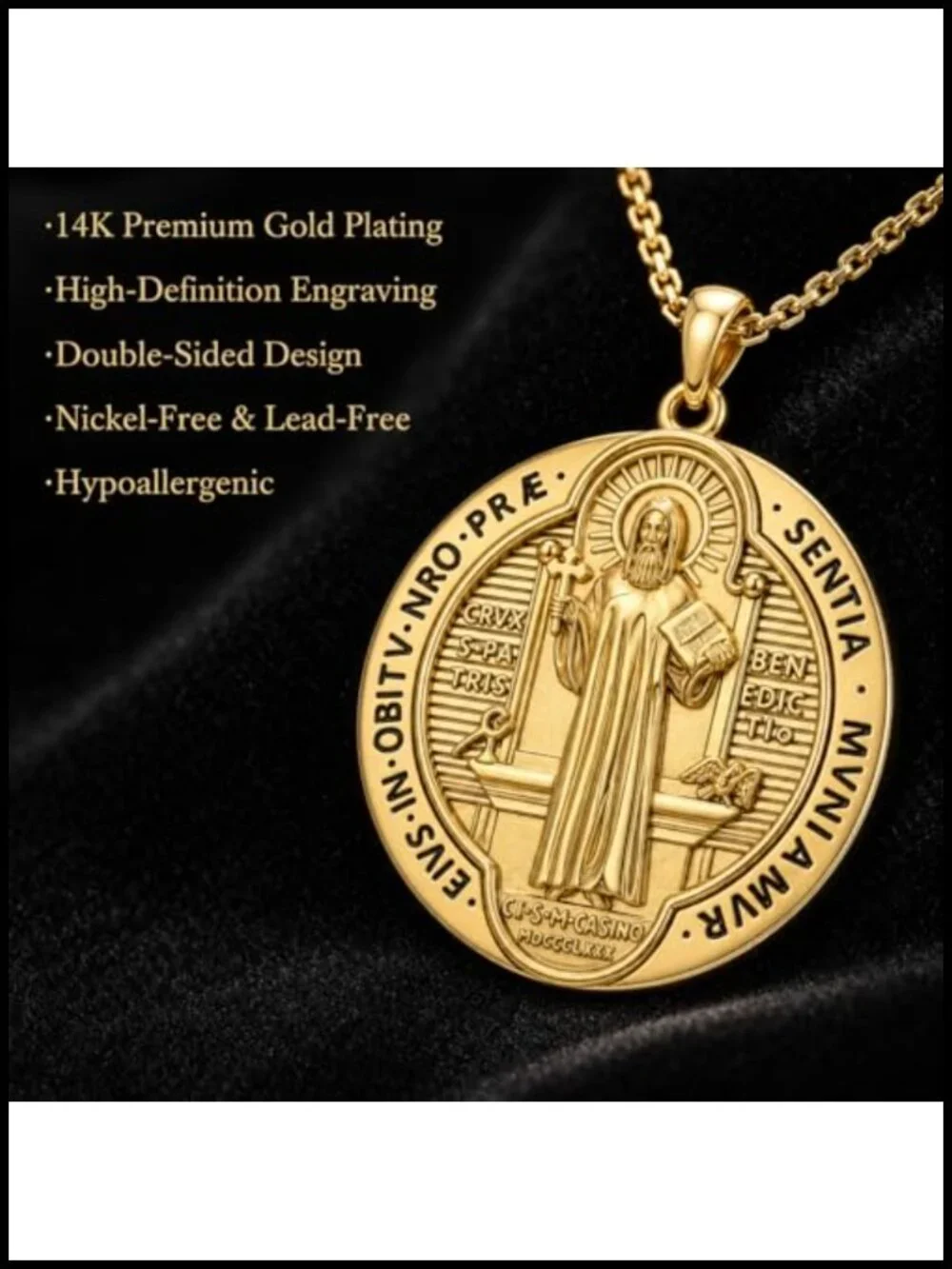 St Benedict Pendant Necklace 14K Gold Plated Catholic Medal Religious Jewelry